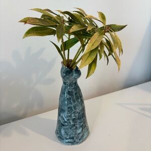 Ceramic sculpture vase holder figurative "bird woman" blue white glaze raw rim